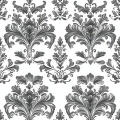 sophisticated damask ornament, graceful grey florals, flowing baroque elements, delicate victorian pattern, elegant botanical swirls, classic textile design, refined flower details, ornate repeating