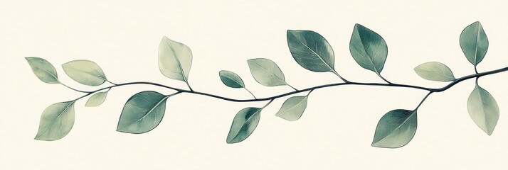 minimal botanical illustration, green leaf branches, soft sage color background, delicate line art, organic shapes, single stem composition, peaceful zen art, elegant simplicity, hand-drawn style,