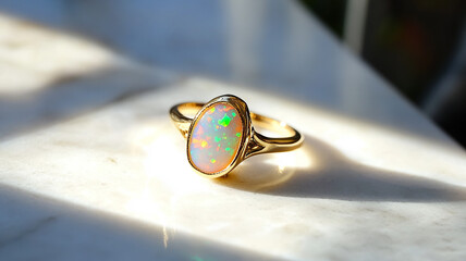 An opal gemstone ring displayed on a white marble surface under soft sunlight 