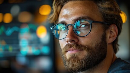 Focused professional working on laptop displaying data graphs and charts, thoughtful expression in cozy ambient workspace, financial analysis and business concept