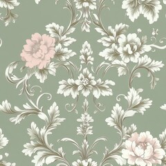 antique wallpaper design, baroque floral scrolls, silver leaf tendrils, soft pink blossoms, sophisticated damask motif, elegant botanical pattern, sage green base, ornate repeating elements, delicate