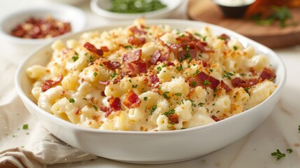 A beautifully crafted pasta dish, featuring gourmet mac and cheese, loaded with crispy bacon and a blend of creamy cheeses, beautifully presented on a white background