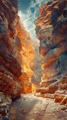 Dramatic arid canyon landscape with rugged weathered cliffs and sunlit rocky formations creating a majestic and visually captivating scene that invites a sense of discovery
