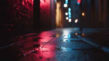 Naklejka premium Wet alley reflecting neon lights at night