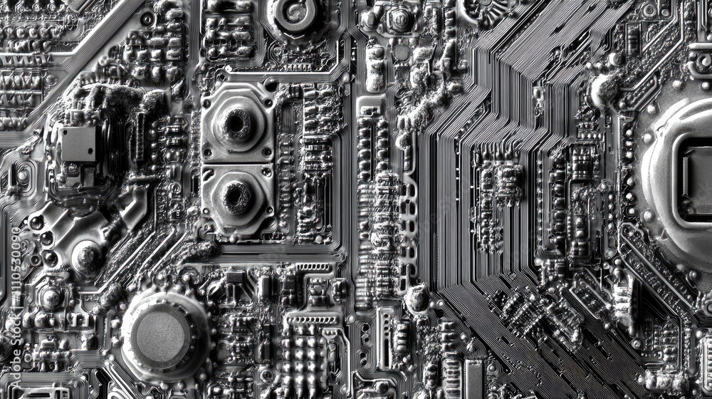 Poster abstract grayscale image of intricate metallic circuitry.