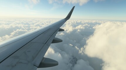 Obraz premium A picture of airplane wing in mid sky, with fluffy clouds background