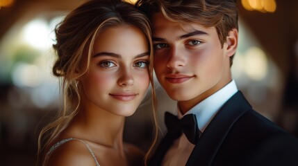 Sophisticated young couple dressed in formal evening attire, close-up portrait, confident smiles, elegant lighting, classic beauty, and timeless connection in a luxurious setting