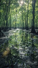 Captivating image of an enchanting mangrove swamp landscape with serene reflections of the dense lush vegetation mirrored in the calm murky waters