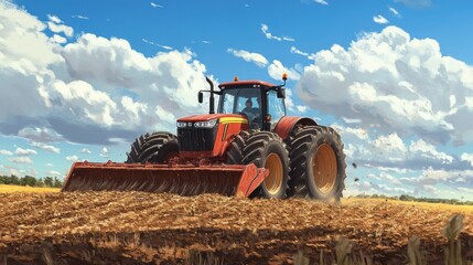 Obraz premium Heavy plow attached to a powerful tractor, dry soil being tilled, warm summer day,