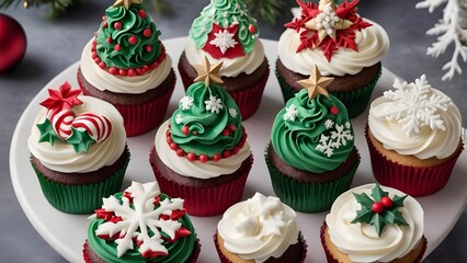 Christmas themed cupcakes with intricate frosting designs