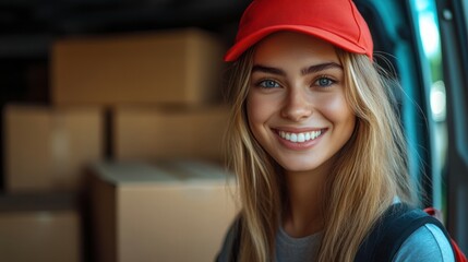 Smiling delivery woman with red cap holding packages in van, professional courier, confident and friendly, modern delivery service, logistics theme, transport, cheerful, efficient
