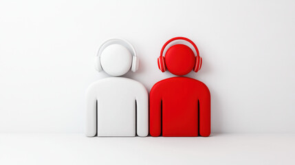 Delegation and leadership, Stylized figures in red and white wearing headphones, representing music and connection