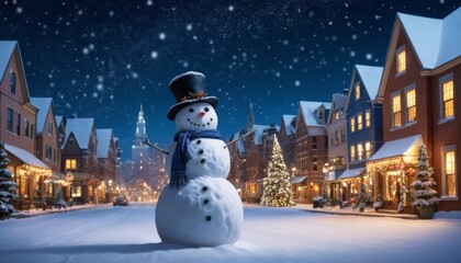 Naklejka premium illustration of a snowy street in a small Christmas town illuminated and decorated for the holiday and a smiling snowman