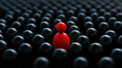 Obraz premium Delegation and leadership, striking red figure stands out amidst sea of black figures, symbolizing individuality and uniqueness in crowd. 