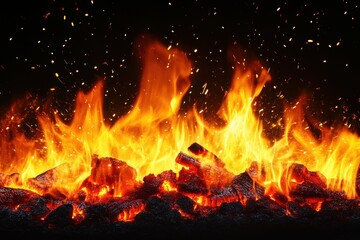 Fire with glowing orange flames, sparks and embers, against black background

