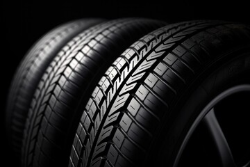 A close-up view of a set of four car tires stacked neatly on top of each other, showcasing the tread pattern and sidewall design. The tires are black with deep grooves and a sleek, modern look.