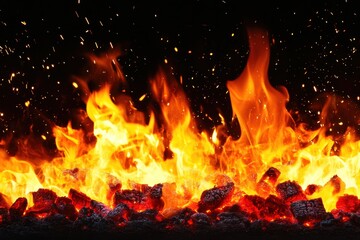 Fire with glowing orange flames, sparks and embers, against black background
