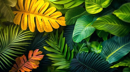 Tropical leaves of various green, yellow and red colors.