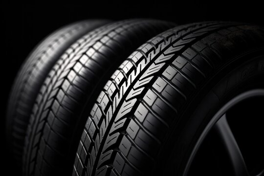 A close-up view of a set of four car tires stacked neatly on top of each other, showcasing the tread pattern and sidewall design. The tires are black with deep grooves and a sleek, modern look.