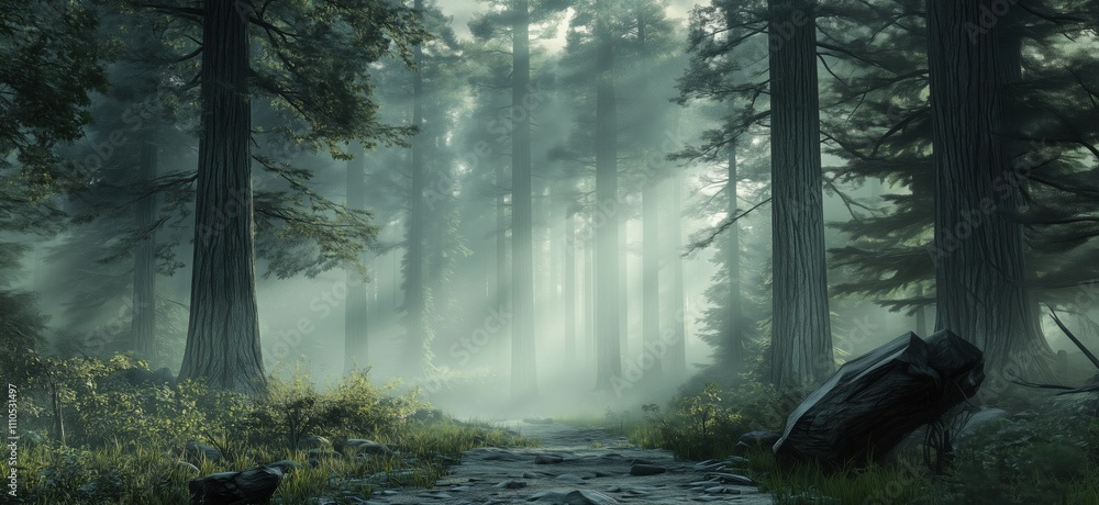 Poster misty forest path with towering trees and soft light, copy space for text