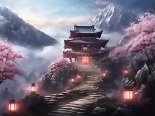 A mysterious mountain temple shrouded in mist, surrounded by cherry blossom trees, and a path lined with glowing lanterns.
