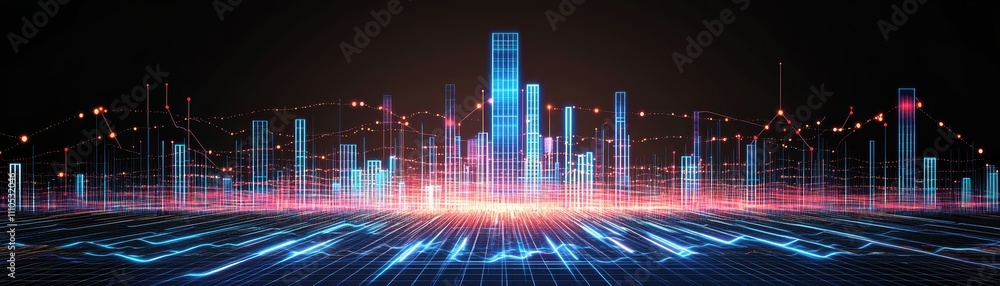 Poster floating ai-enhanced bar graph illuminating dark environments in a futuristic data visualization exp