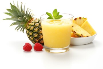 A stylish glass filled with smooth pineapple juice, accompanied by fresh pineapple wedges, raspberries, and a slice of star fruit, beautifully arranged around the glass.