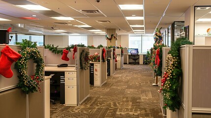 A corporate workspace with cubicles adorned with tinsel, wreaths, and hanging stockings, creating a cheerful holiday vibe