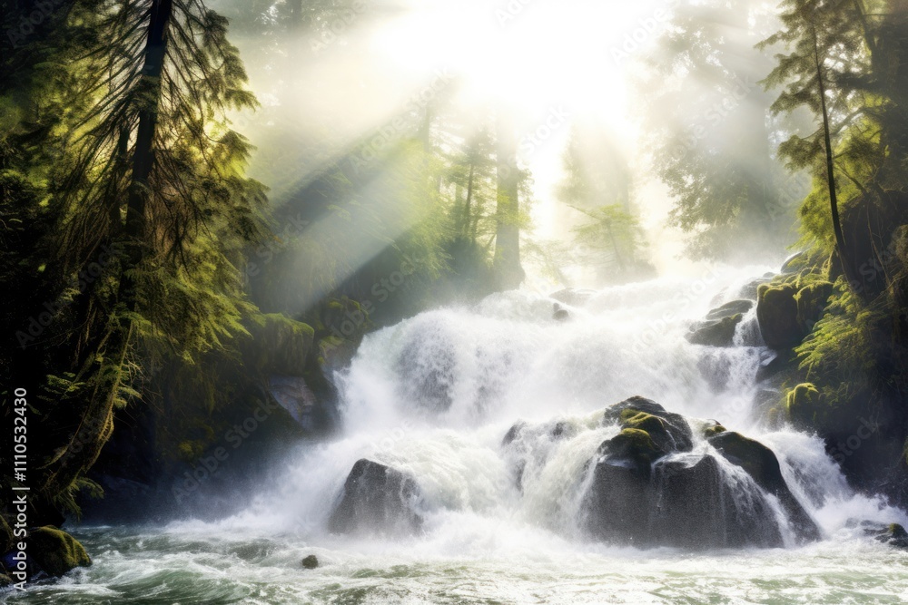 Poster a vibrant image of fresh water cascading off a waterfall, creating a misty splash at the base. the s