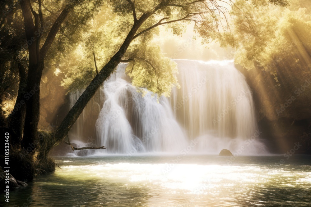 Poster a vibrant image of fresh water cascading off a waterfall, creating a misty splash at the base. the s