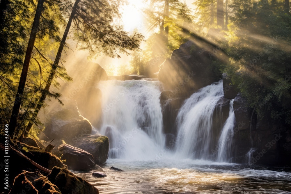 Poster a vibrant image of fresh water cascading off a waterfall, creating a misty splash at the base. the s