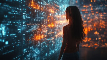 Woman gazing at glowing digital wall, futuristic technology, neon data streams, immersive virtual reality, innovation, AI interface, modern cyber world, curiosity, science and exploration