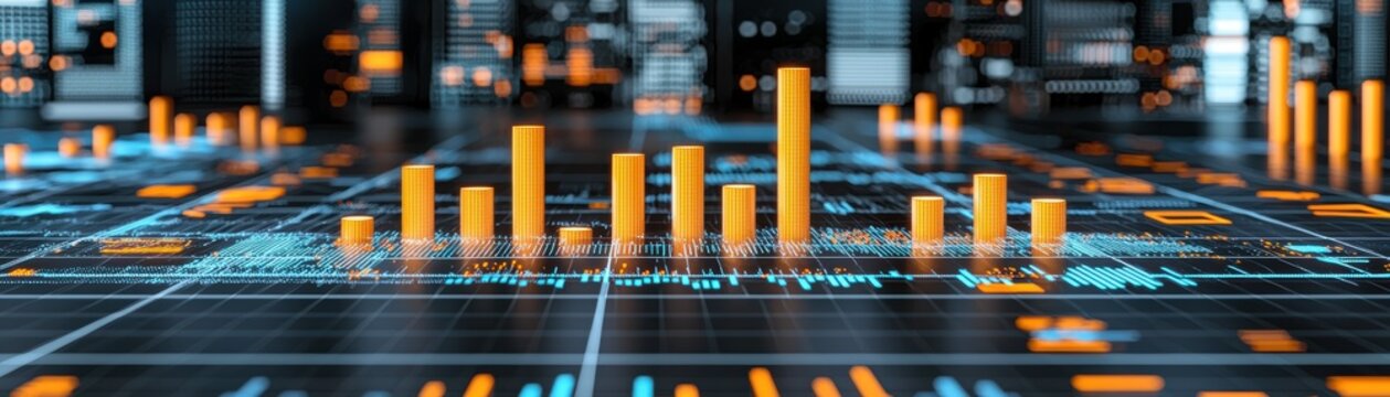 Visualizing a single glowing scatterplot using ai techniques in a high-tech environment for data analysis insights, yellow bar chart