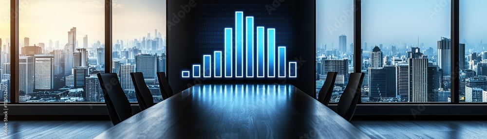 Poster a meeting room showing graph, visualizing ai-driven insights a sleek holographic bar graph in an urb