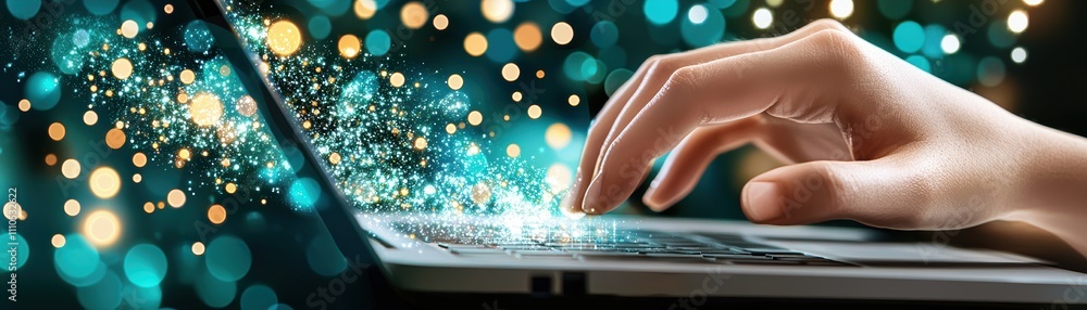 Poster a hand typing on a notebook, sleek virtual assistant illuminating dark spaces home technology digita