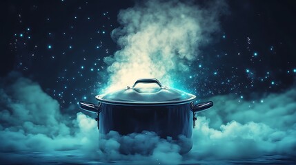 Mystical steaming pot with glowing blue light and smoke on dark background.
