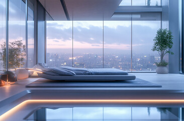 Fototapeta premium Luxurious Futuristic Modern Bedroom Design with Smart Technology and Innovative Lighting Solutions