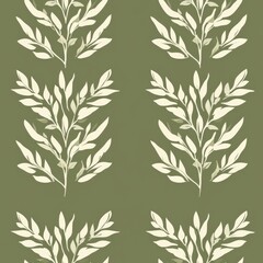 sophisticated botanical repeat, cream leaf clusters, olive green background, symmetrical floral sprigs, minimal nature-inspired design, elegant damask style, continuous organic pattern, refined