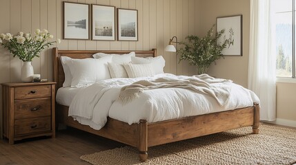 A Scandinavian-style bedroom featuring a wooden bed frame, white bedding, a woven rug, and a small bedside table with a vase of fresh flowers


