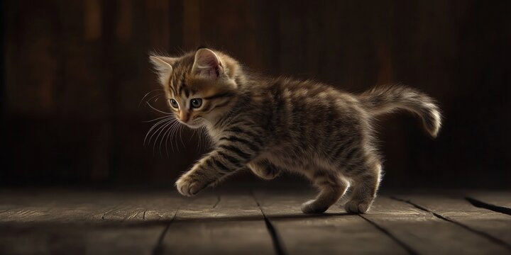 A tabby kitten chasing its tail in a dynamic and playful motion on a wooden floor