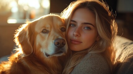 Blonde woman cuddling with golden retriever on couch, warm living room, pet companionship, cozy bond, relaxed atmosphere, gentle affection, home comfort, best friend, dog lover moment