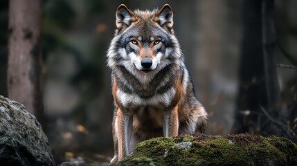 Obraz premium A wolf standing on a rock in a forest.