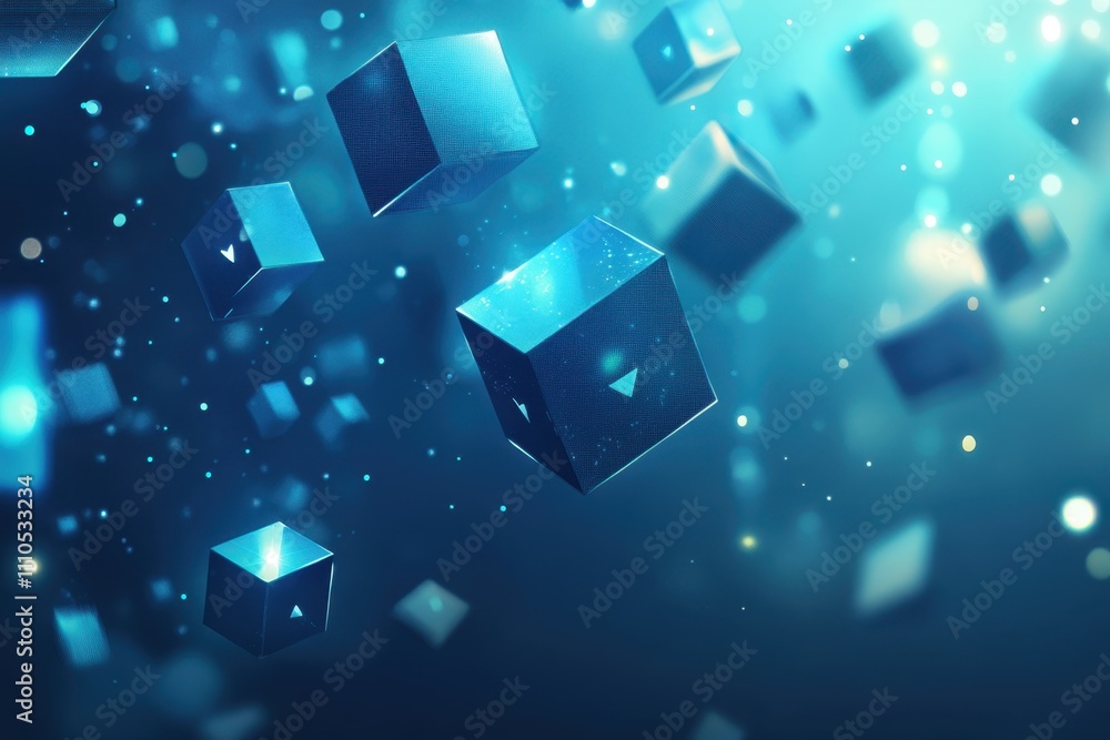 Poster floating blue cubes illuminated by soft light in an abstract digital environment