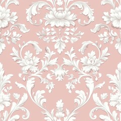 vintage-inspired floral arabesque, pale rose background, graceful white scrolling foliage, symmetrical botanical ornaments, continuous pattern design, decorative baroque style wallpaper