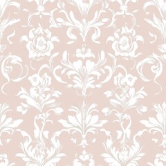 Fototapeta premium vintage-inspired floral arabesque, pale rose background, graceful white scrolling foliage, symmetrical botanical ornaments, continuous pattern design, decorative baroque style wallpaper