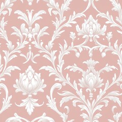 vintage-inspired floral arabesque, pale rose background, graceful white scrolling foliage, symmetrical botanical ornaments, continuous pattern design, decorative baroque style wallpaper