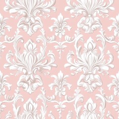 Fototapeta premium antique-style floral medallions, pale pink background with white ornamental designs, flowing botanical curves, elaborate baroque pattern, decorative wall covering, seamless victorian style motifs
