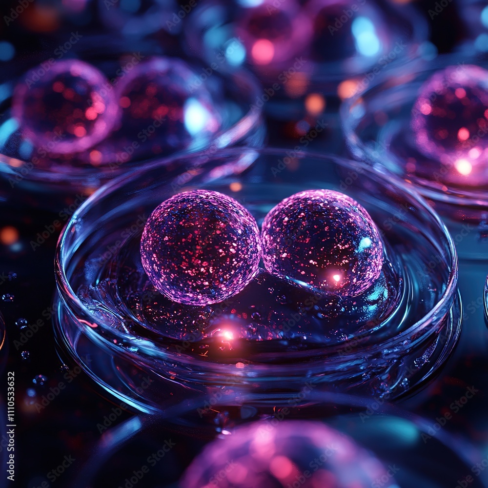 Poster dynamic colorful spheres in liquid environment abstract art display science concept close-up view fo