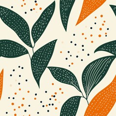 contemporary leaf pattern, emerald botanical illustration, burnt orange abstract forms, cream colored base, floating dots, minimalist nature design, retro tropical aesthetic