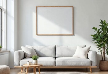 Frame mockup, A4 poster size. Living room wall poster mockup. Minimalist interior design with modern decor. 3D render.